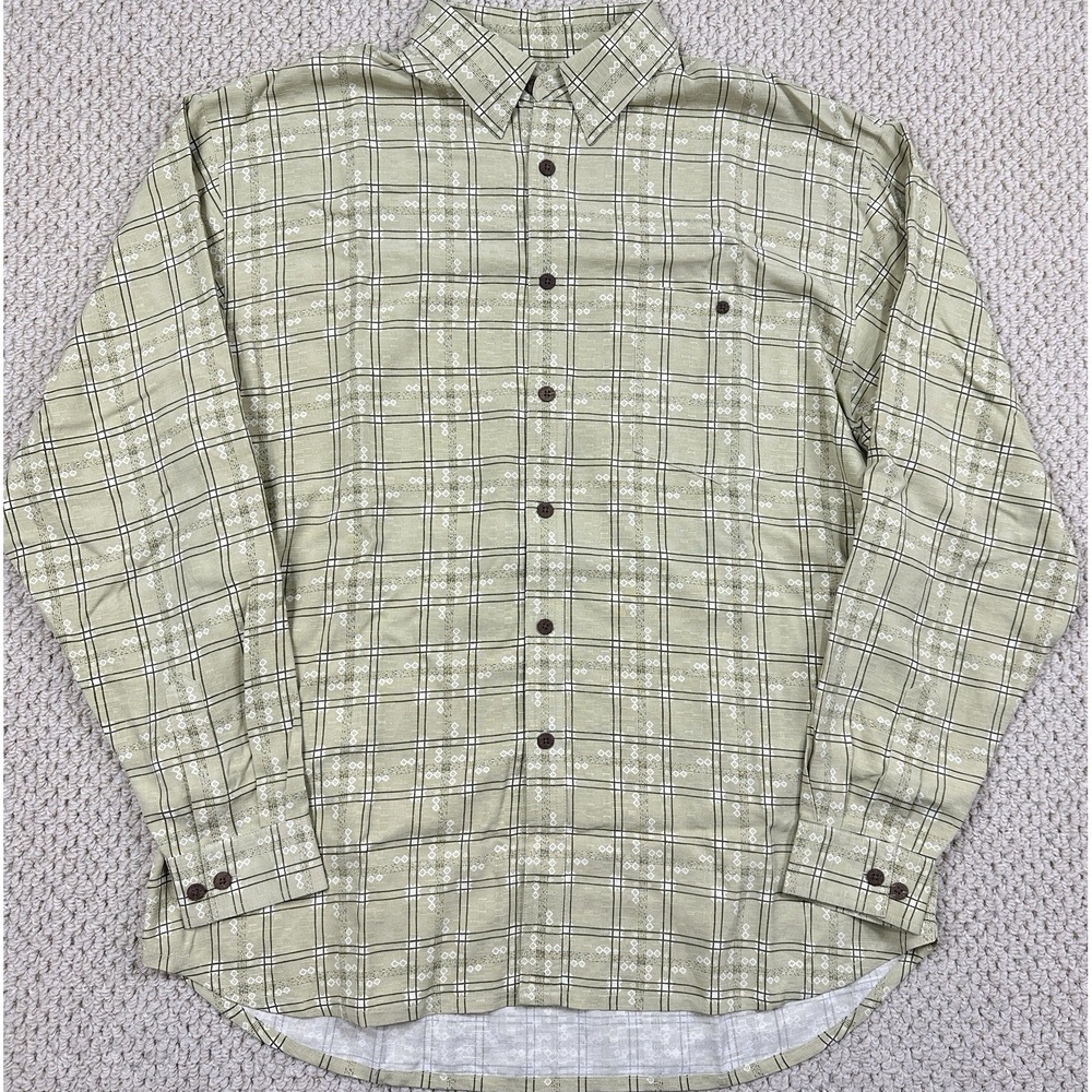 Tommy Bahama Hawaiian Shirt Mens L Khaki Green Silk Long Sleeve Geometric Plaid